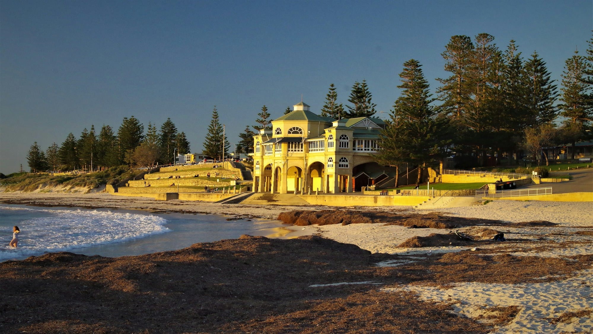Golden evening light on the Indiana Tea House at Cottesloe Beach, Perth