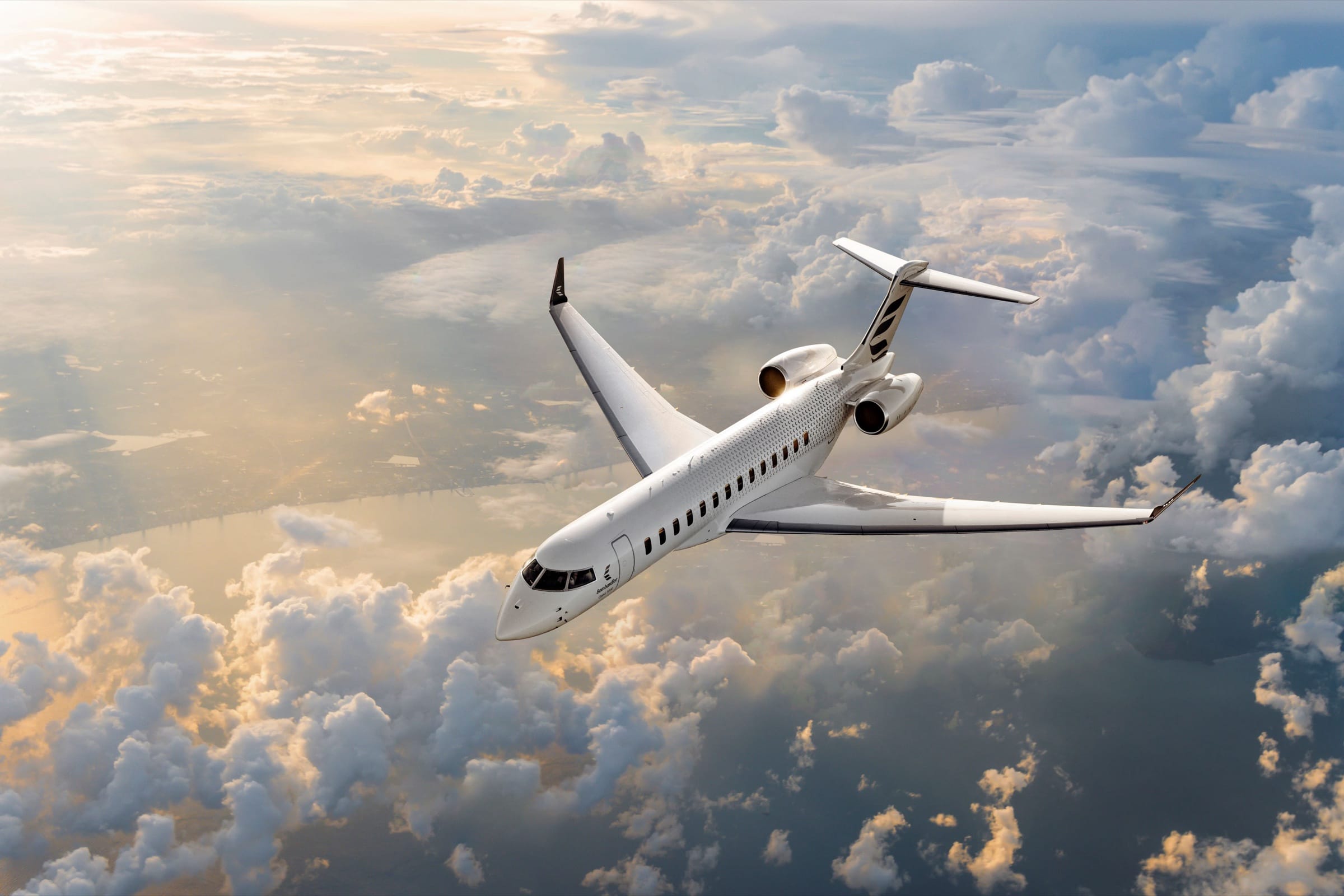 The Bombardier Global 8000 banking over a golden evening cloudscape