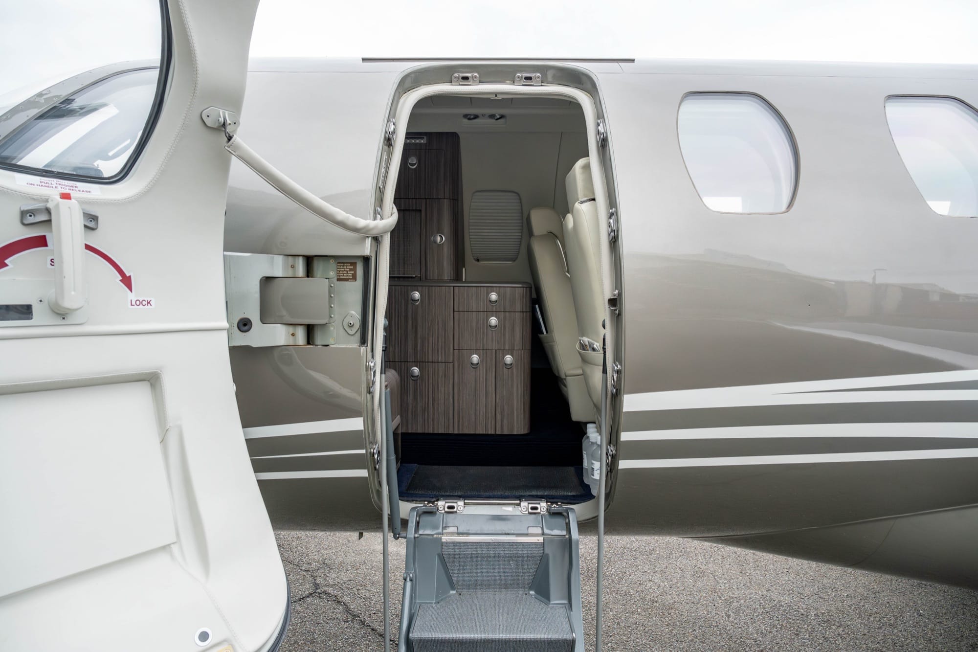 The entrance and cabin of a private jet