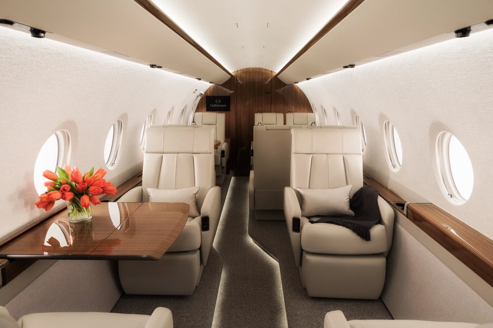 The G280 cabin beneath its nineteen oval windows